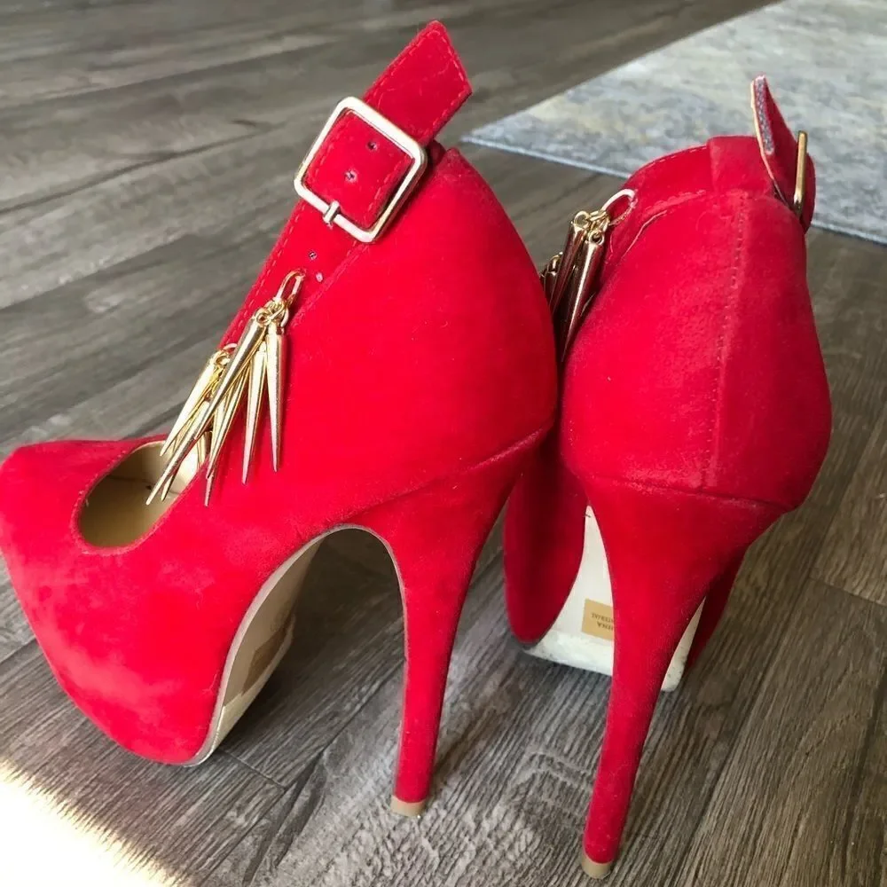 Styluxe Red Velvet Suede Platform Spike Ankle Strap Stiletto Heels